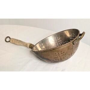 Vintage Stainless Steel Collander w/Copper & Brass Outside & Wood Handle